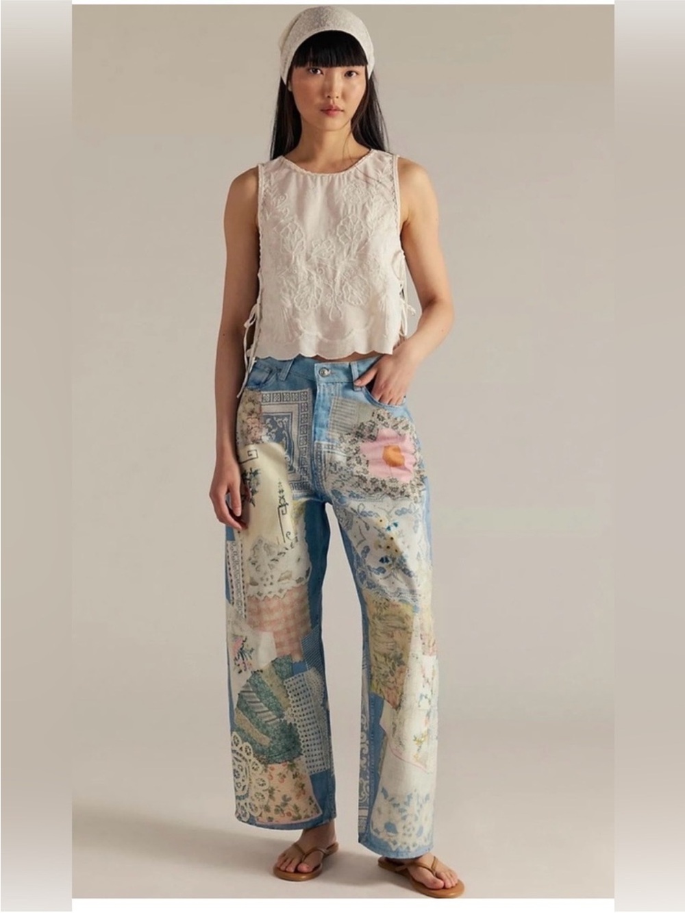 Free People Light Blue Patchwork Cropped Jeans with Pastel Accents